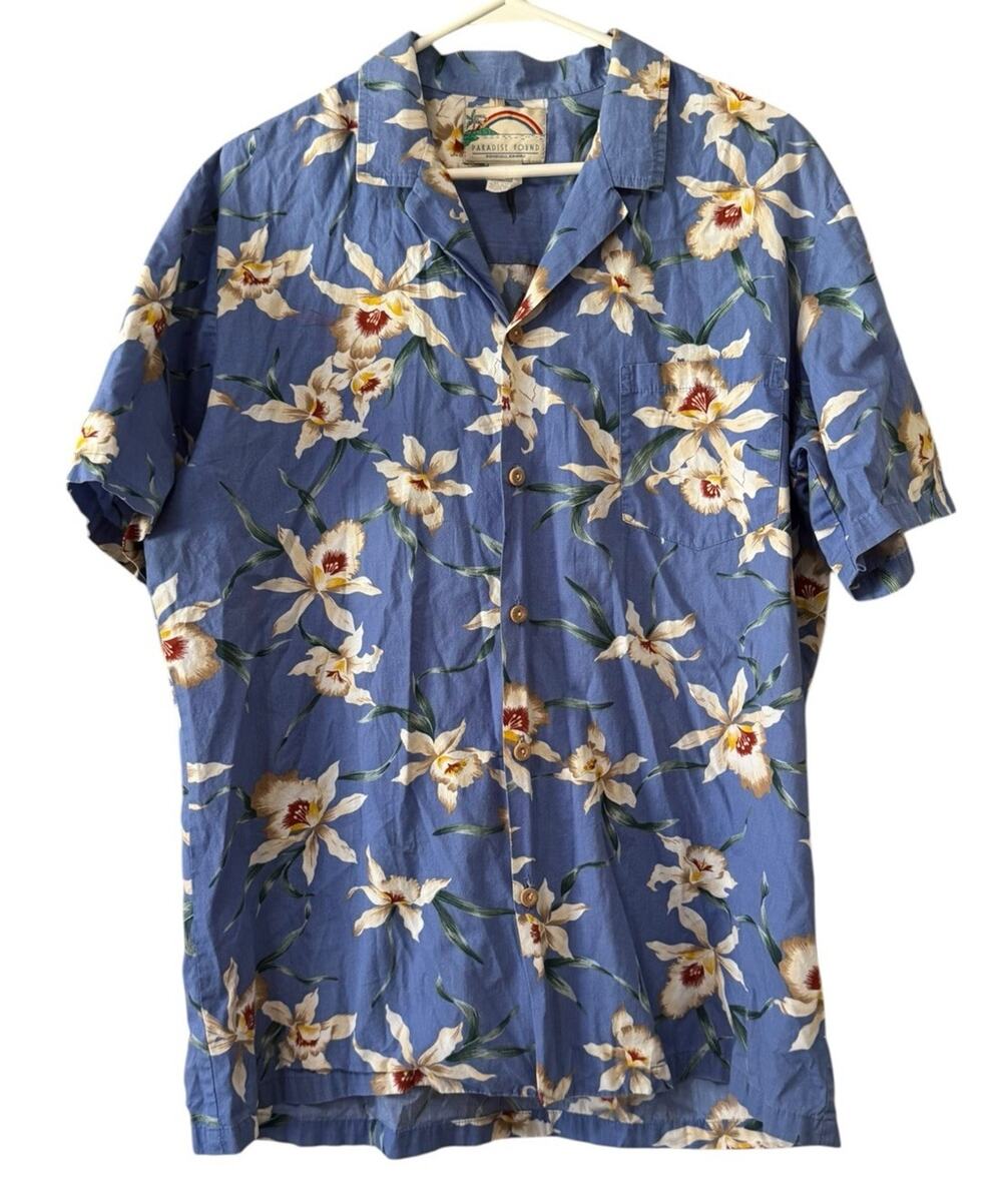 Paradise Found Hawaiian Shirt Men Large Blue Tropical Cotton Button Down USA VTG